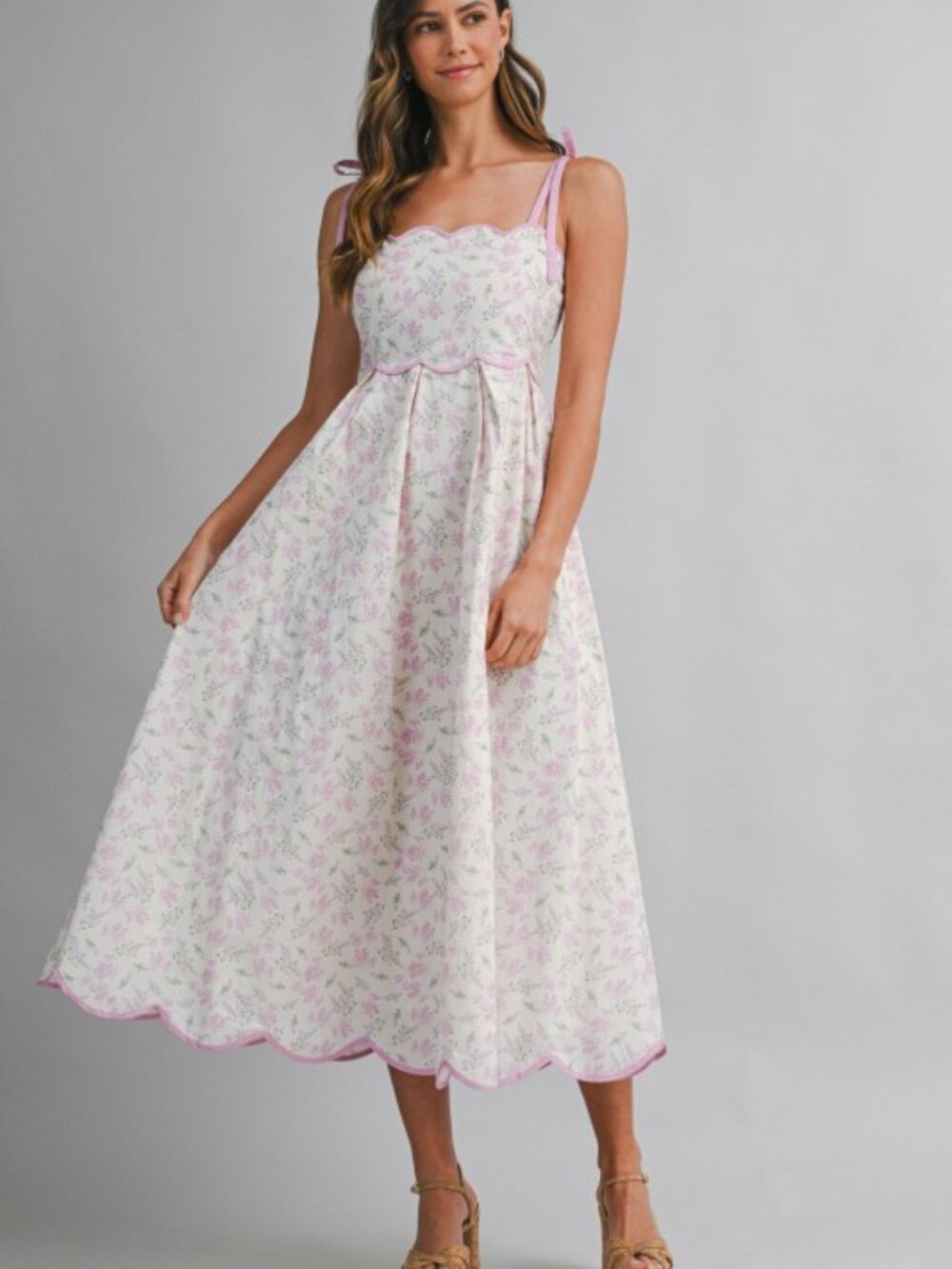 Floral Print Scallop Hem Contrast Self Tie Strap Midi Dress - Picture 2 of 7